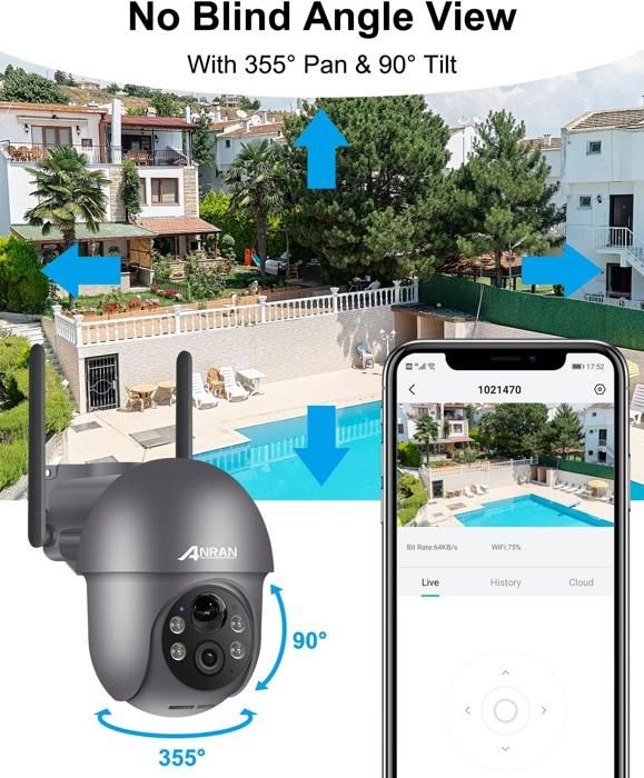 Anran – Caméra de surveillance extérieure sans fil avec panneau solaire – Vidéo 2K HD – Détection de mouvement PIR – Vision nocturne couleur – Résistance IP65