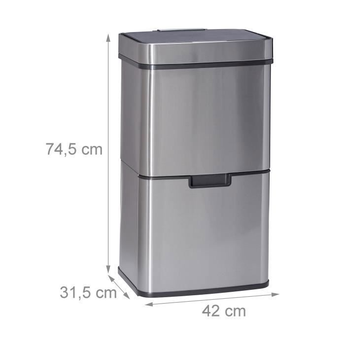 Poubelle Automatique Relaxdays 60L - Couvercle Électrique à Capteur, Support Sac Intégré | Inox Argenté Pour Cuisine