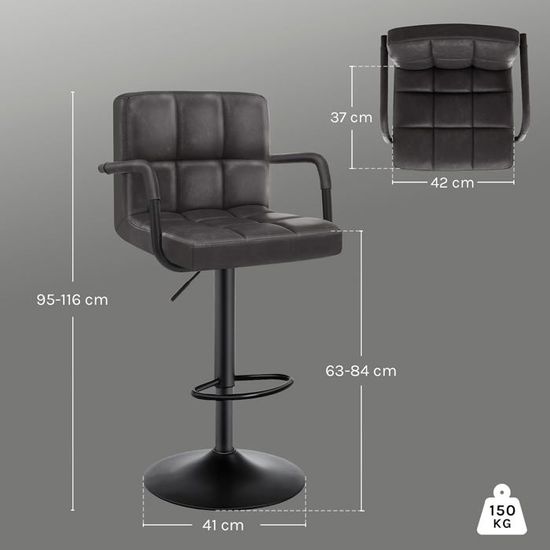 WOLTU Lot De 2 Tabourets De Bar Avec Siège Rembourré Cuir Artificiel - Hauteur Réglable Noir