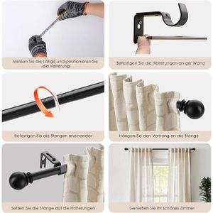 Tringle à Rideau Noire Réglable 42-169cm Diamètre 16mm - Avec Supports, Design Moderne Et Solide