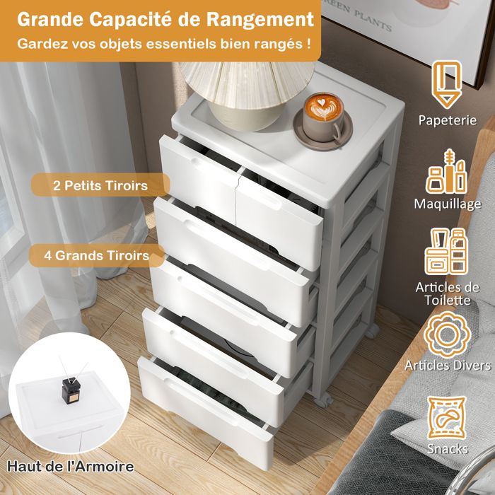 Tour De Rangement 5 Étagères Avec Tiroirs Et Roues - Plastique, 40x30x84 Cm, Pour Espaces Étroits - 8