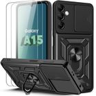 BOOLING Coque pour Samsung Galaxy A15 4G-5G - Noir - Protection Antichoc - Support Anneau Rotatif - 2 Verres Trempés