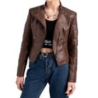 Veste Femme en Cuir PU Veste Moto Vintage Grande Taille Col Revers - Brune - FONDUPIN