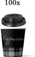 100 x Gobelets jetables à café en carton noir "Cappuccino" 240ml +couvercles noirs pour les boissons chaudes et froides.