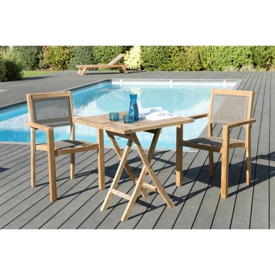 Ensemble de jardin en teck : 1 table carrée pliante 70 x70 cm - Lot de 2 fauteuils empilables en textilène de couleur taupe