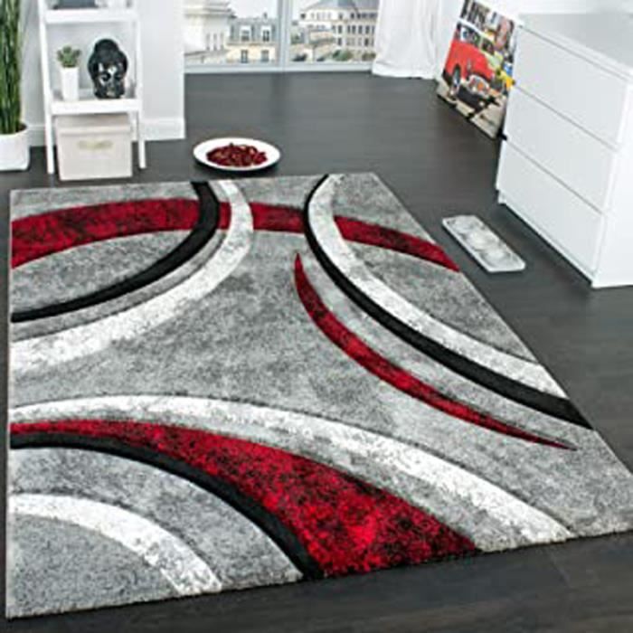 Tapis Design À Contours Motif Ligné Moucheté Gris Noir Rouge Crème, Dimension:160X230 Cm