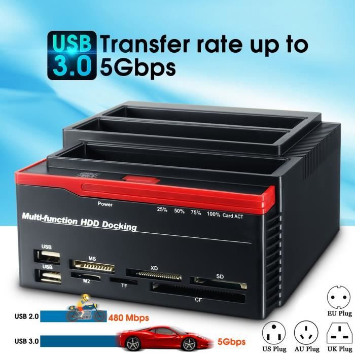 Station d'accueil externe triple USB 3.0 à 2 Ports SATA 1 Port IDE Disque Dur Externe Lecteur de Cartes