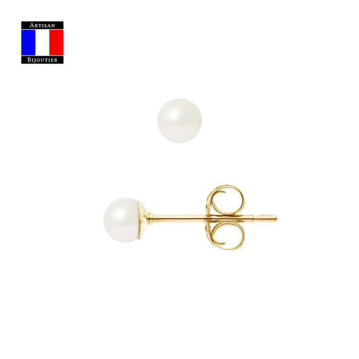 Compagnie Générale des Perles - Boucles d'Oreilles Véritables Perles de Culture 4-5 mm Or 18 Cts - Système Poussettes - Bijou Femme