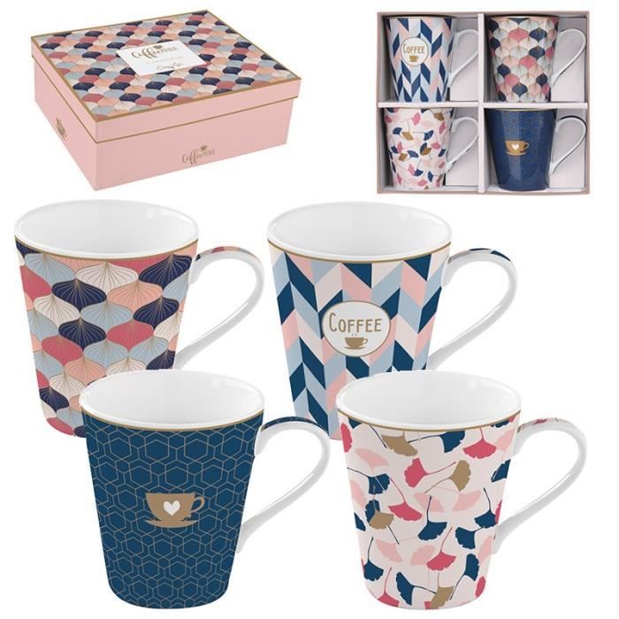 EasyLife - Coffret 4 Mugs en Porcelaine FINE COFFEE MANIA HOME SWEET HOME