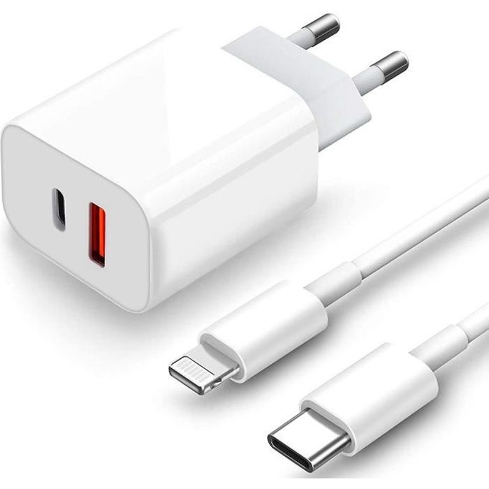 Chargeur ultra rapide iPhone 13 ,12 , 11, XR, X, XS, XS Max, SE 2020, 8 Plus, 8 - Double Port 20 W avec Cable USB-C