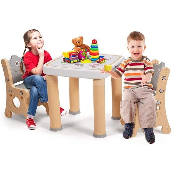 GOPLUS Ensemble de Table et 2Chaises pour Enfants Réglables de Hauteur avec Tiroir de Rangement, Table d’activités Multifonctionnel