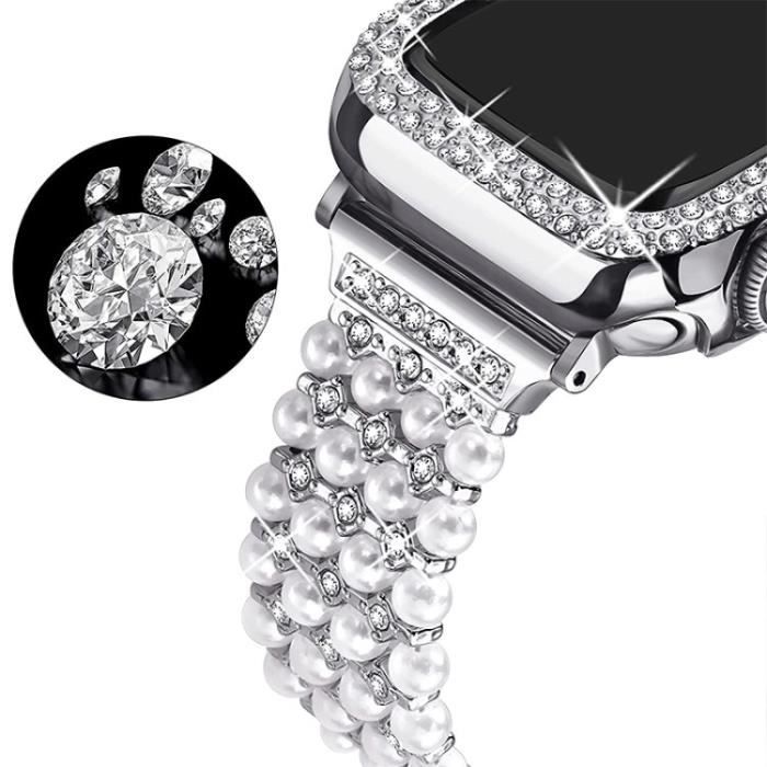 Connecteur De Bracelet Pour Apple Watch Series 7 45Mm Faux Perle Strife De Montre Métallique Strap + Anti-Rayures Pc Watch,Argent