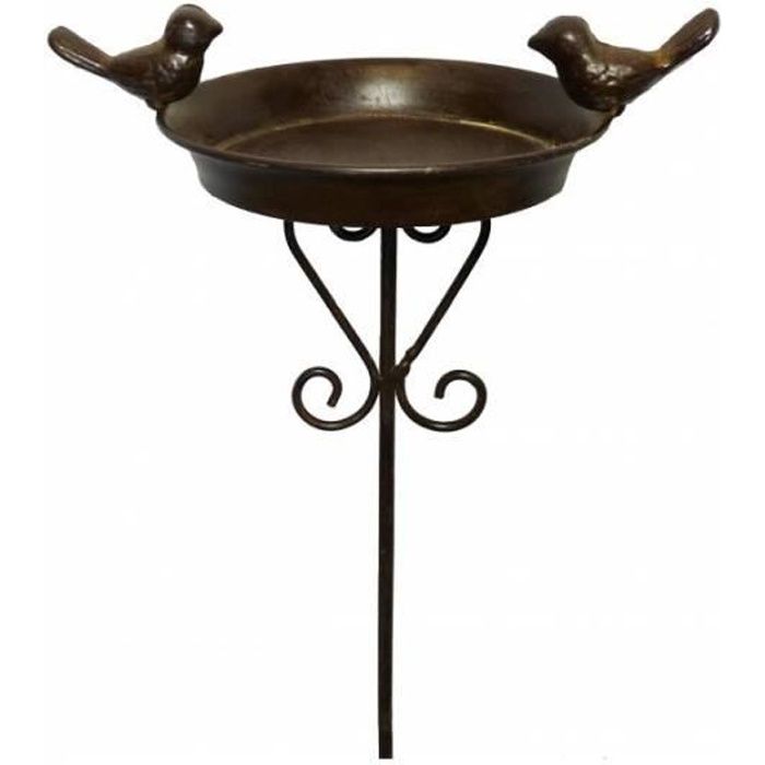 Bain a Oiseaux Abreuvoir Mangeoire Perchoir Porte Plante sur Pique en Fer Patiné Marron 15x22x86cm