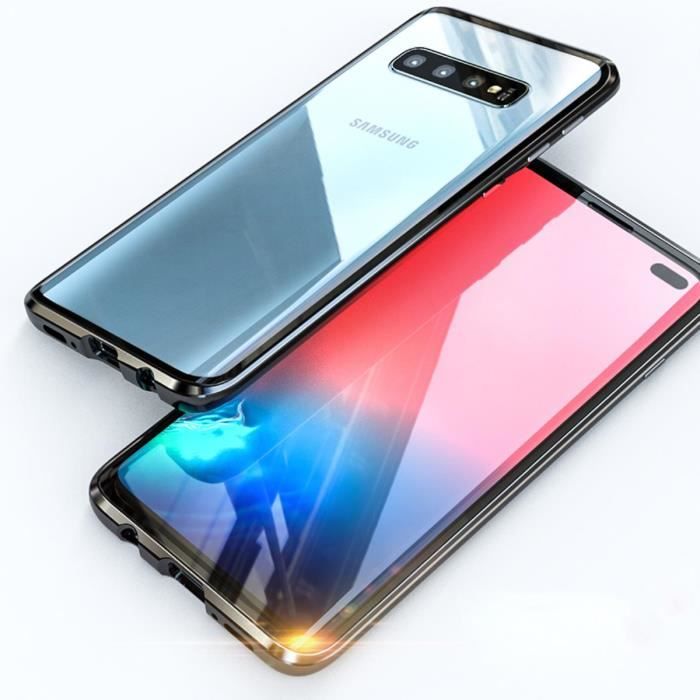 Samsung Galaxy S10 Coque Cadre en Métal Adsorption Magnétique Avant et Arrière Verre Trempé Housse Protection 360° étui - Noir