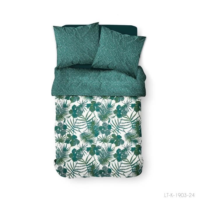Parure de lit 2 personnes 240X260 Coton imprime vert Floral SUNSHINE
