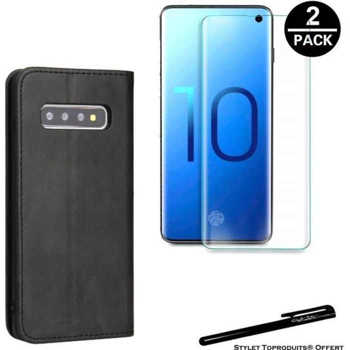 Etui portefeuille noir pour Samsung Galaxy S10 Housse à fermeture magnétique et 2 Verres trempés 3D avec Stylet Toproduits®