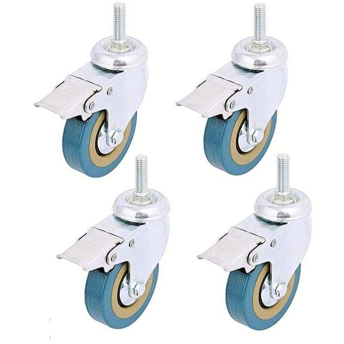 4 pack Verrouillage 3 Mont tige filetée Roulette pivotante Rotation Non marquant Roue à roulettes en polyuréthane et frein pour