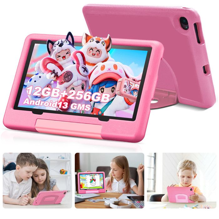 Tablette Tactile 10 Pouces 12 Go RAM 256 Go ROM/1TB TF Tablette Enfants Android 13 GMS Contrôle Parental Kid-Proof Étui-ROSE