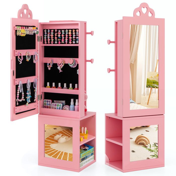 DREAMADE Armoire à Bijoux Enfants Organisateur de Bijoux avec Miroir de Pleine Longueur Autoportant & Porte-Vêtements Rose
