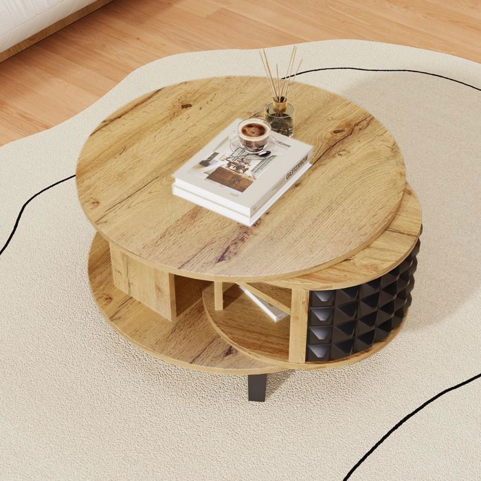 Table basse avec étagères intérieures dissimulées plateau tournant finition bois pieds noirs 85 2 x 80 x 45 2 cm