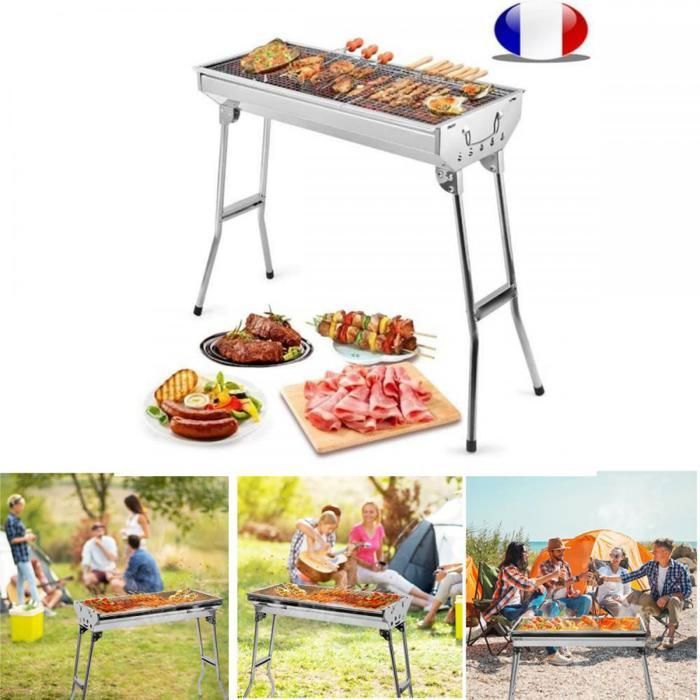 Barbecue Portable Pliable En Acier Inox - Charbon De Bois - Pour Camping Et Pique-nique