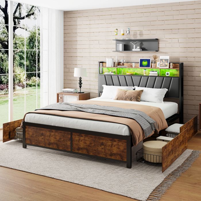Lit double avec rangement rembourré noir 160 x 200 cm avec LED et port USB tiroir de rangement cadre en fer et sommier à lattes