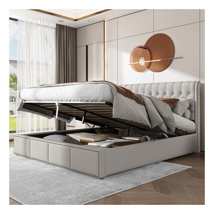 Lit Coffre Double 180x200 cm Lit Capitonné avec TêTe de Lit et Sommier à Lattes Lit Double Lit Adulte Gris Clair