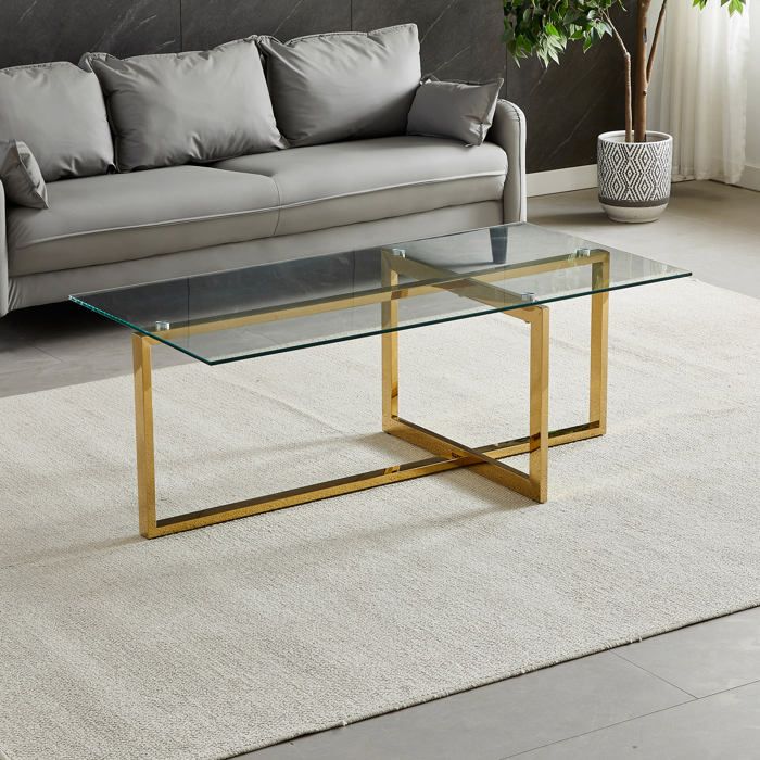 Table basse rectangulaire - Verre trempé transparent - Métal doré - CHIARA