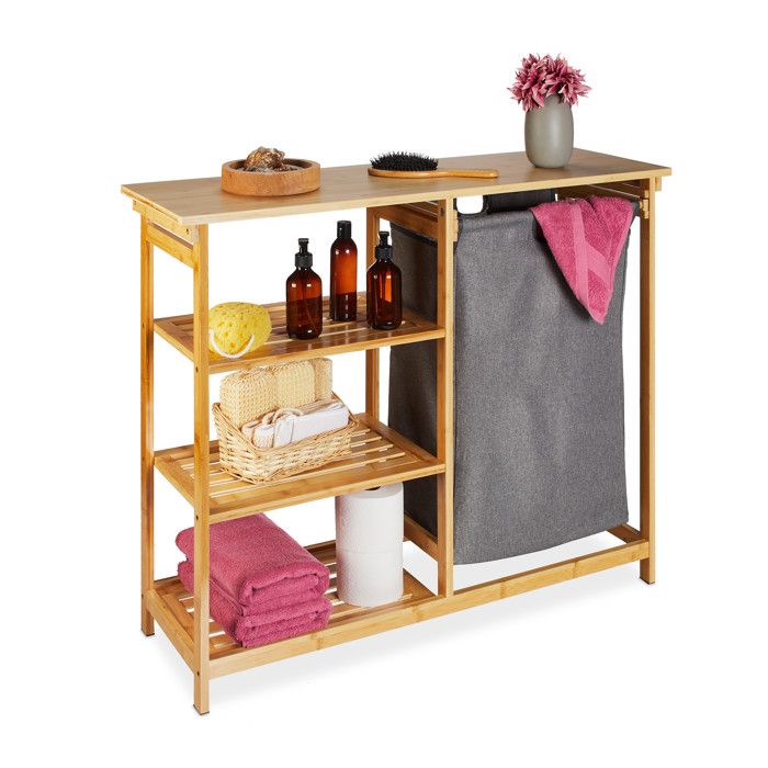 Relaxdays Meuble à linge étagère avec 3 niveaux sac amovible HLP : 80 x 100 x 32 cm salle de bain nature