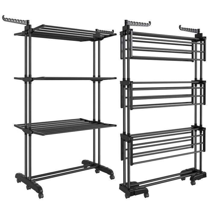 SONGMICS Étendoir à Linge Séchoir Mobile à 4 Niveaux avec roulettes Pliable 635 x 1255 x 173 cm Grande Capacité Noir