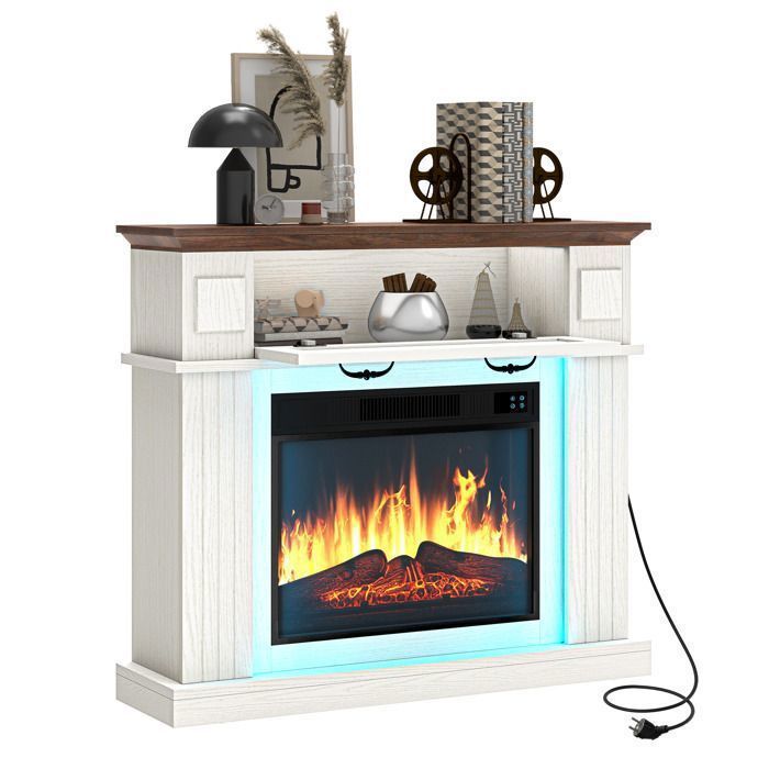 Cheminée Électrique YITAHOME 38 Pouces – Flammes 3D Réalistes – 2000W – LED 24 Couleurs – Télécommande – Rangement – Blanc/Noyer