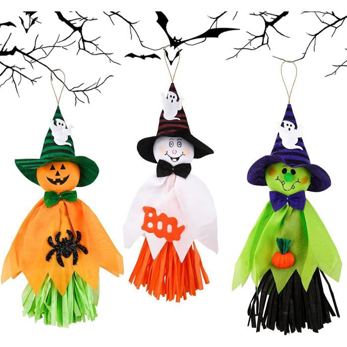 Épouvantail à Suspendre Halloween - Citrouille Clown Fantôme - Orange Vert Blanc