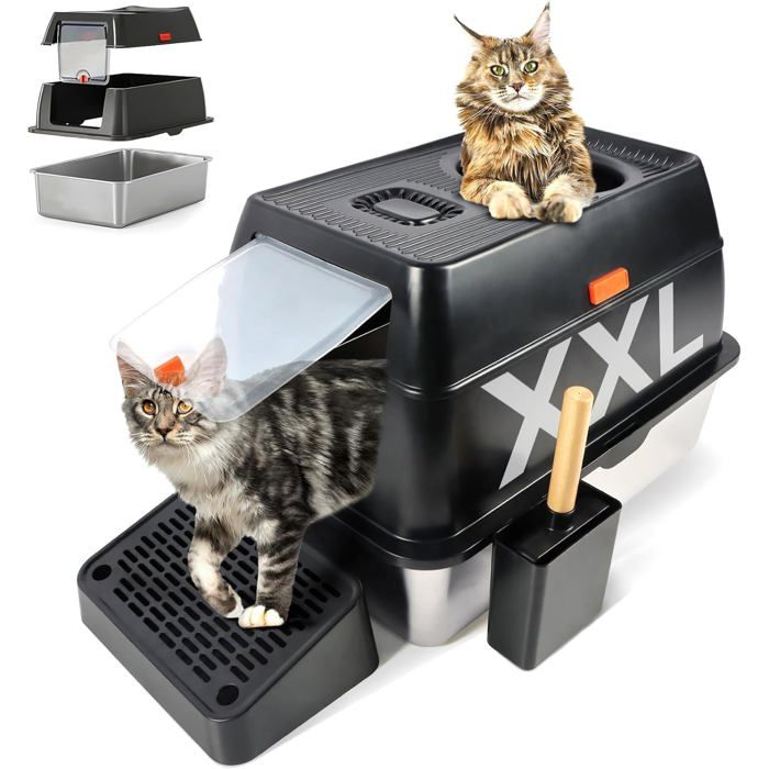 Meilleurs prix pour BAC A LITIERE - WOODOURS - Bac litière inox XXL fermé avec couvercle pelle + pédale noir