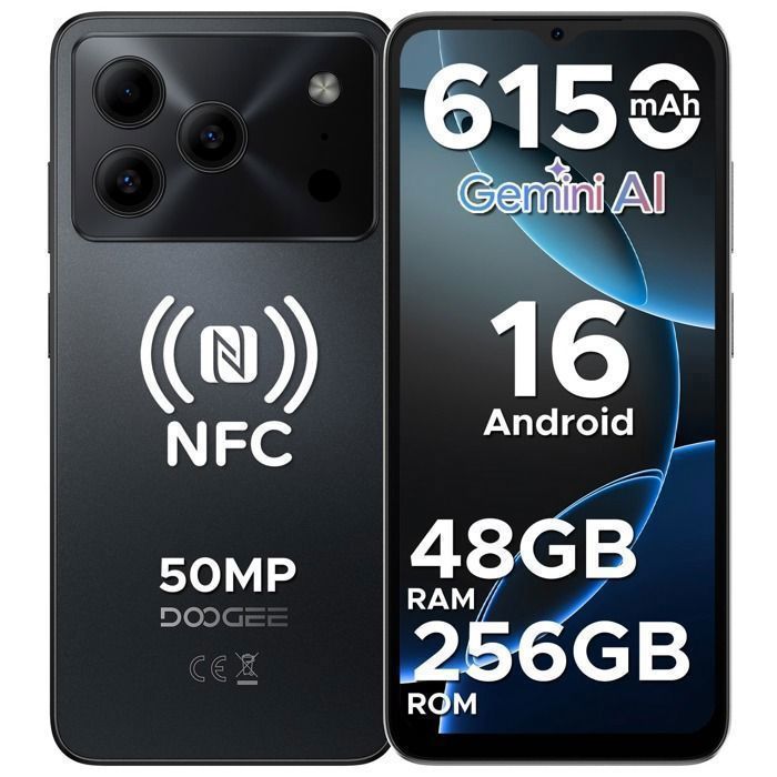 DOOGEE Note56 Plus Smartphone - Android 16 Gemini AI 48GB+256GB 6150mAh Batterie Silicium-Carbone 50MP 8.45mm Ultra-mince - Noir