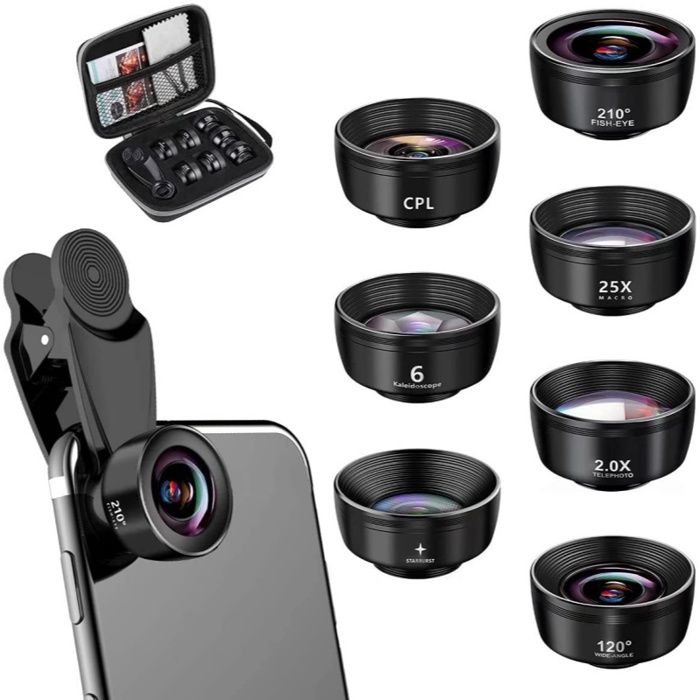 Kit Objectifs 6 En 1 Pour Téléphone - Fisheye 205°, Grand Angle 140°, Macro 25x, Starlight, ND32/CPL - Compatible IPhone Et Android
