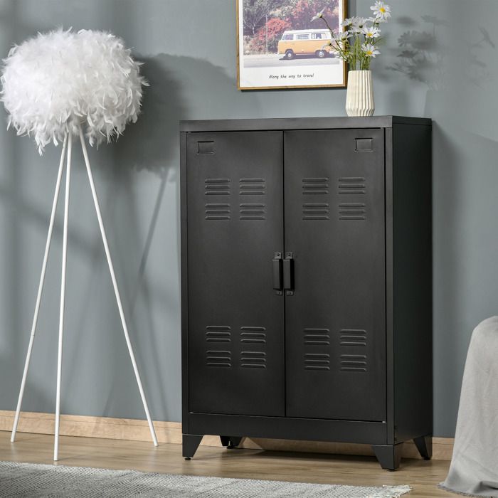 Armoire de Rangement métal Garde-robe Caisson de dossier Armoire Bureau sur pied Style Industriel - 2 étagères - Noir