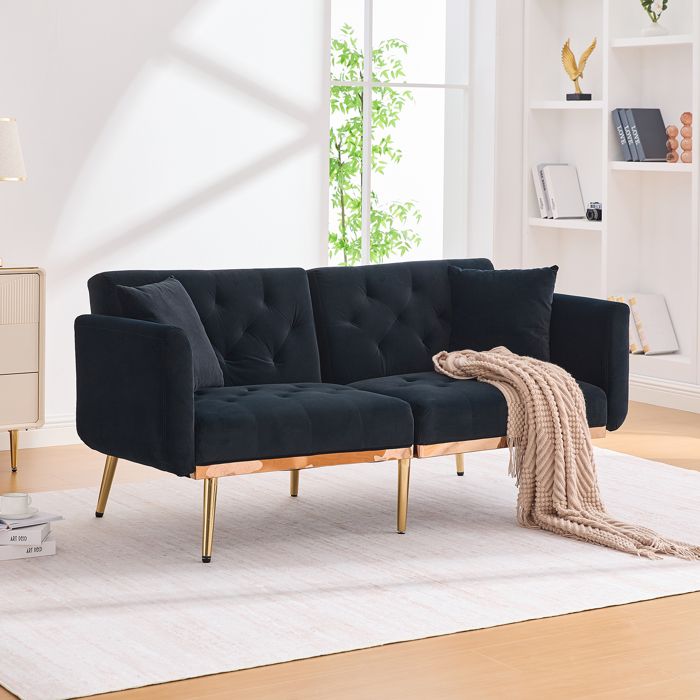 Canapé convertible à 3 réglages 2-3 places en velours doux pied en métal confortable pour sasseoir ou dormir Noir