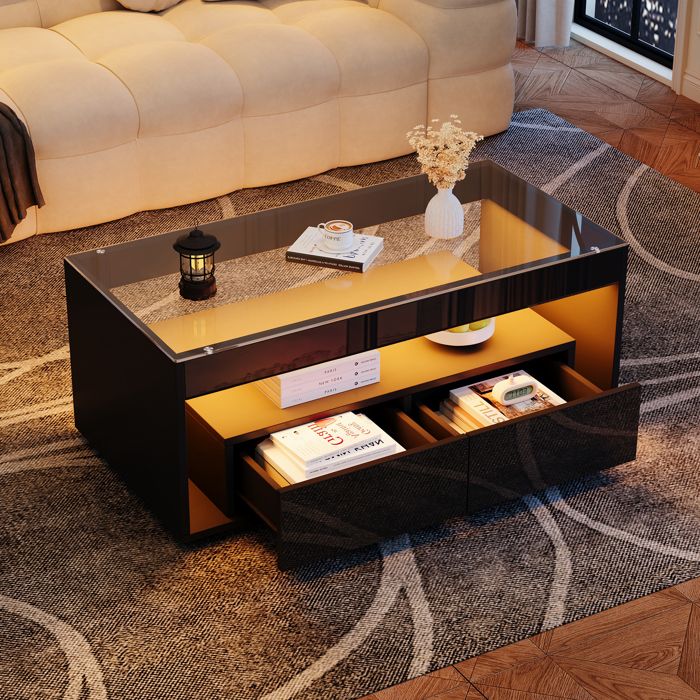 Table basse salon avec lumière LED 16 couleurs Table de salon rectangulaire avec 2 grands tiroirs table basse en verre Noir