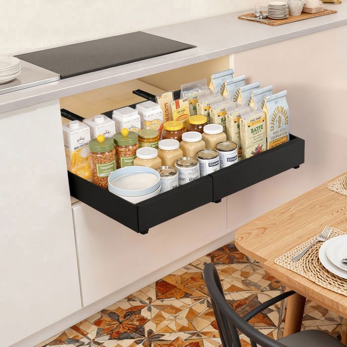 Tiroir Coulissant Cuisine – Lot de 1 – avec Adhésif sans Perçage – 52 x 53 x 7.5 cm – Acier au Carbone – Polyvalent – Noir