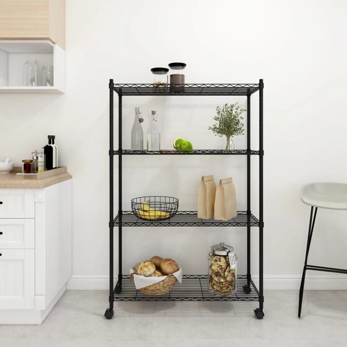 SALE dhiver Étagère de rangement 4 niveaux - SOLOMON - Stockage industriel - et roues 90x35x137cm Noir 200 kg EE91