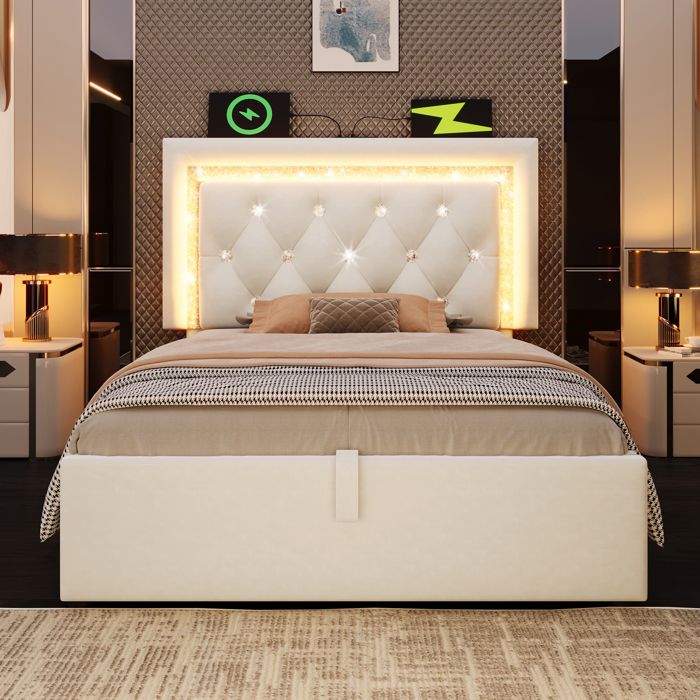 Lit coffre rembourré - Tête de lit Diamant - 90x200 cm - Velours beige - LED pilotable & USB-C