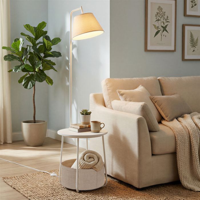 Lampe sur Pied 3-en-1 avec Table d’Appoint Panier en Tissu Lampadaire Abat-Jour Orientable Acier Blanc