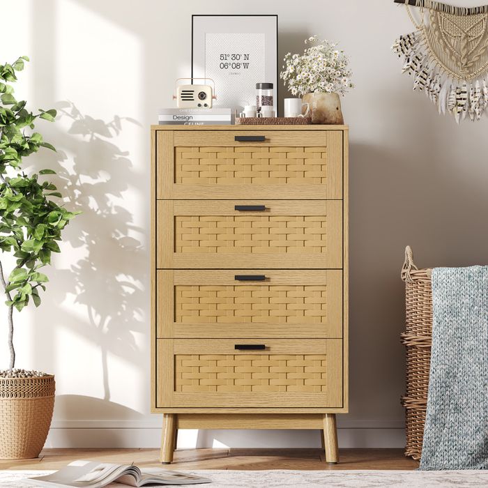 ADWOLT Commode 4 tiroirs bois massif & imitation bambou 55x39.8x95 cm - chêne