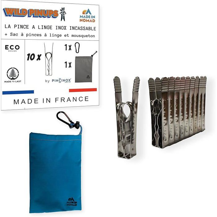 : 10 Pinces à Linge INOX Incassables Pincinox avec Panier Pince à Linge et ousqueton. pour Buanderie Fil à Lot de 10 PINCE A LINGE