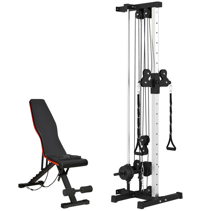 Station à double poulie avec banc de musculation - SPORTNOW - réglable à 15 positions - acier - 62x60x200cm - noir