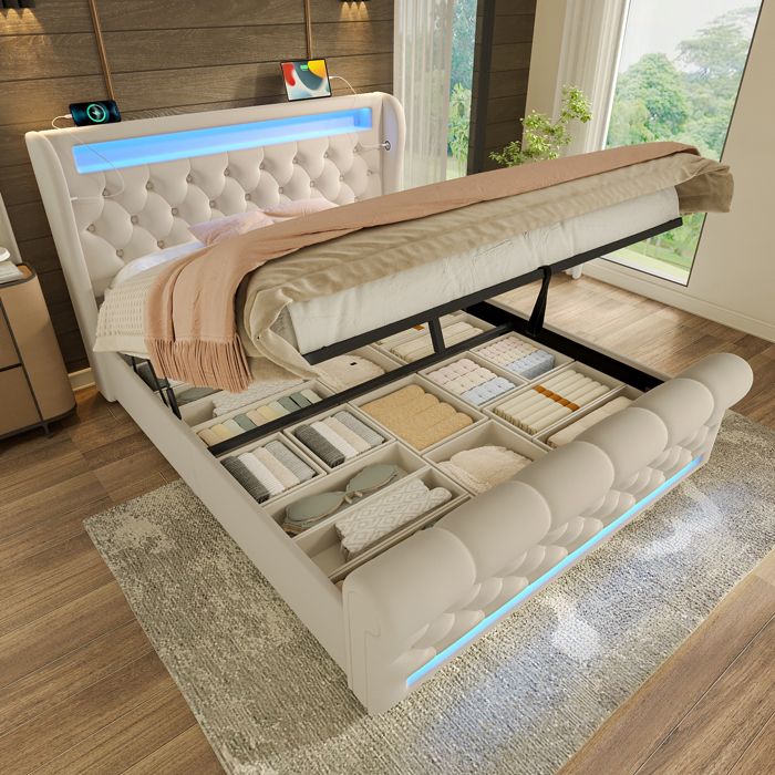 Lit double rembourré moderne - 140x190 cm - Velours beige - Lumières LED intégrées - Ports USB et Type-C