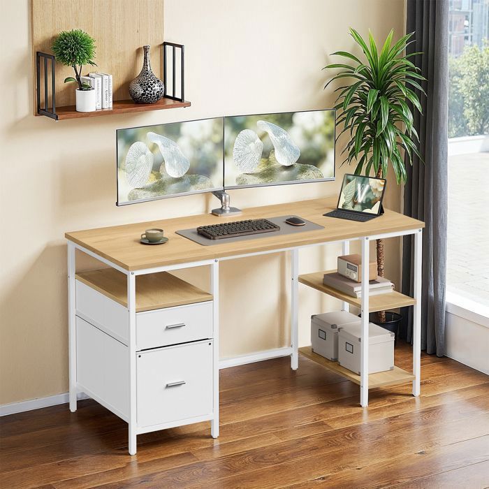 Bureau 3 Étagères 2 Tiroirs 140 x 60 x 76 cm Couleur Chêne Naturel et Blanc Bureau 3 Étagères 2 Tiroirs 140 x 60 x 76 cm Couleur Chêne Naturel et Blanc