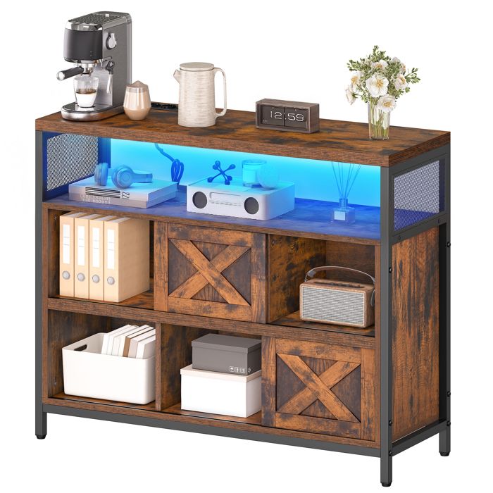 Buffet BALCONERA avec prises (2 USB et 2 secteur) meuble de cuisine avec éclairage LED 2 portes coulissantes 100 x 35 x 80 cm