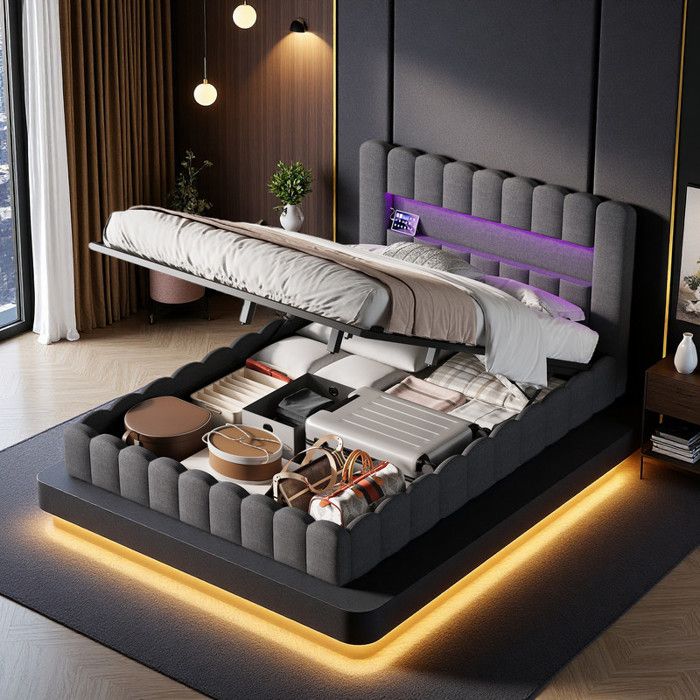 Lit coffre 180x200 en tissu gris design souche avec LED RVB et USB Lit hydraulique double moderne avec rangement tête de lit