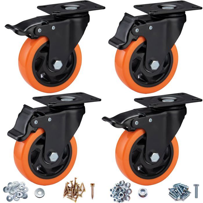Roues Pivotantes À Frein Pour Charge Lourde 4 Pouces Lot De 4 À Platine Polyuréthane Silencieux Double Roulement